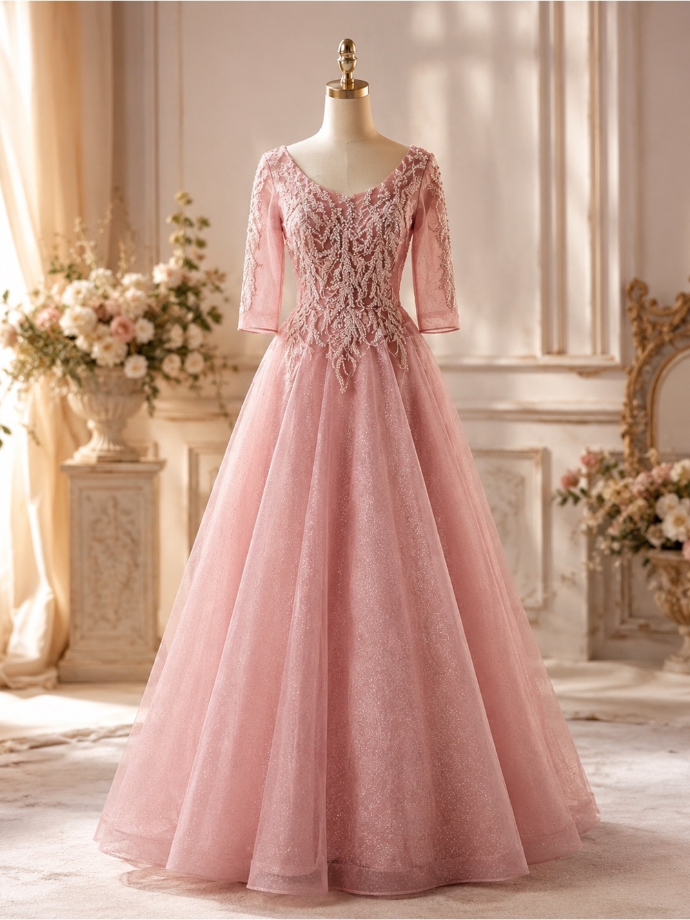 Blush Pink Glitter Princess Ball Gown with Beaded Bodice & Sheer Sleeves small